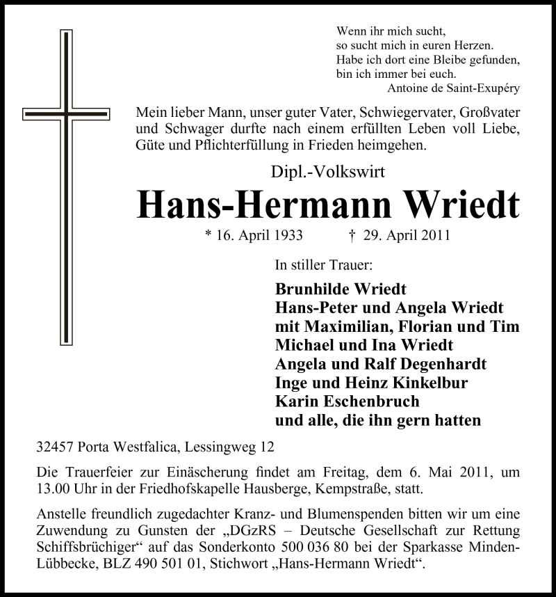  Traueranzeige für Hans-Hermann Wriedt vom 03.05.2011 aus Mindener Tageblatt