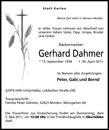 Anzeige von Gerhard Dahmer von Mindener Tageblatt