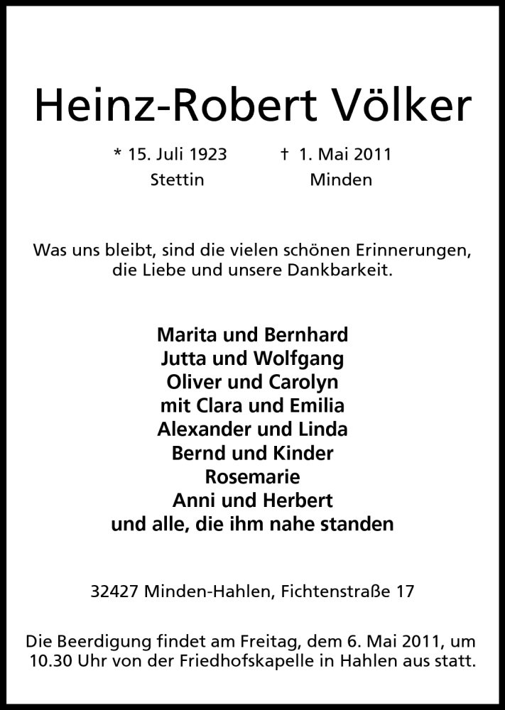  Traueranzeige für Heinz-Robert Völker vom 03.05.2011 aus Mindener Tageblatt