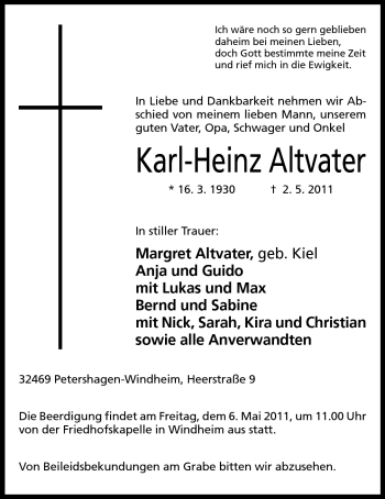 Anzeige von Karl-Heinz Altvater von Mindener Tageblatt