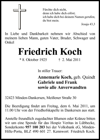 Anzeige von Friedrich Koch von Mindener Tageblatt