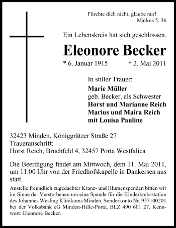 Anzeige von Eleonore Becker von Mindener Tageblatt