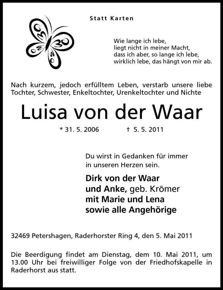  Traueranzeige für Luisa von der Waar vom 06.05.2011 aus Mindener Tageblatt