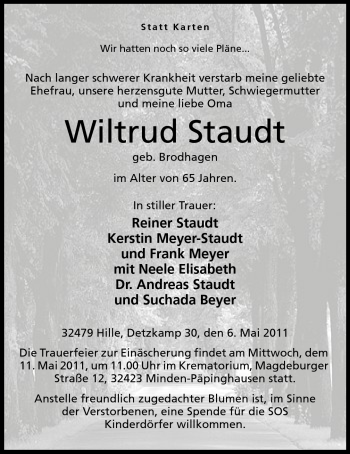 Anzeige von Wiltrud Staudt von Mindener Tageblatt