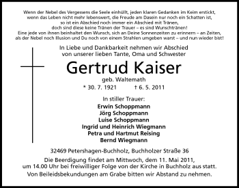 Anzeige von Gertrud Kaiser von Mindener Tageblatt