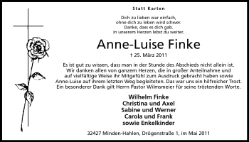 Anzeige von Anne-Luise Finke von Mindener Tageblatt