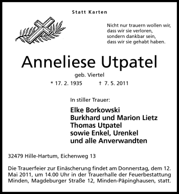 Anzeige von Anneliese Utpatel von Mindener Tageblatt
