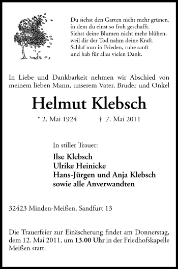 Anzeige von Helmut Klebsch von Mindener Tageblatt