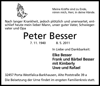 Anzeige von Peter Besser von Mindener Tageblatt