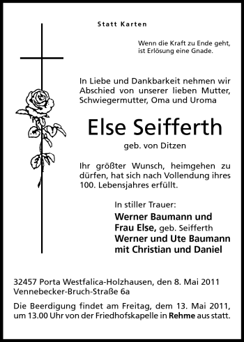 Anzeige von Else Seifferth von Mindener Tageblatt