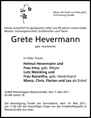 Anzeige von Grete Hevermann von Mindener Tageblatt