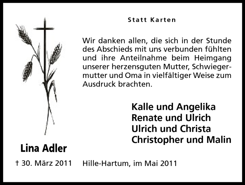  Traueranzeige für Lina Adler vom 10.05.2011 aus Mindener Tageblatt
