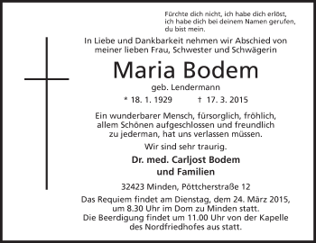 Anzeige von Maria Bodem von Mindener Tageblatt