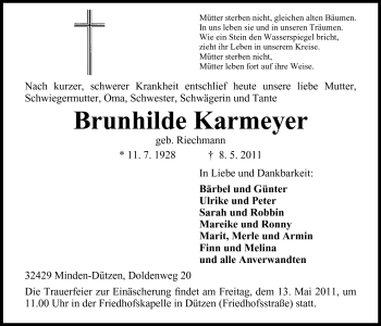 Anzeige von Brunhilde Karmeyer von Mindener Tageblatt