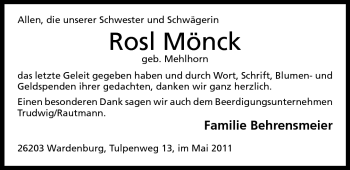 Anzeige von Rosl Mönck von Mindener Tageblatt