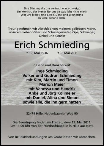 Anzeige von Erich Schmieding von Mindener Tageblatt