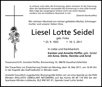 Anzeige von Liesel Lotte Seidel von Mindener Tageblatt