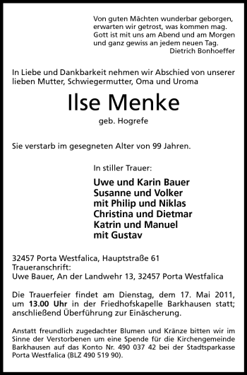 Anzeige von Ilse Menke von Mindener Tageblatt