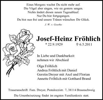 Anzeige von Josef-Heinz Fröhlich von Mindener Tageblatt