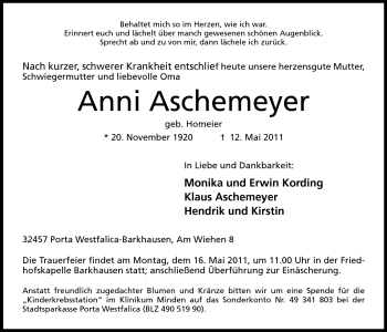 Anzeige von Anni Aschemeyer von Mindener Tageblatt
