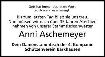 Anzeige von Anni Aschemeyer von Mindener Tageblatt