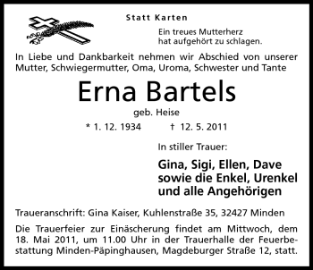 Anzeige von Erna Bartels von Mindener Tageblatt