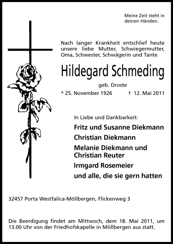 Anzeige von Hildegard Schmeding von Mindener Tageblatt