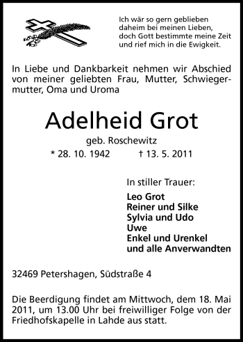 Anzeige von Adelheid Grot von Mindener Tageblatt
