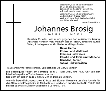 Anzeige von Johannes Brosig von Mindener Tageblatt