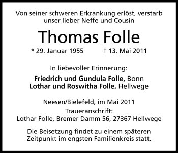 Anzeige von Thomas Folle von Mindener Tageblatt