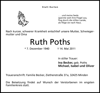 Anzeige von Ruth Poths von Mindener Tageblatt