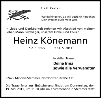 Anzeige von Heinz Könemann von Mindener Tageblatt
