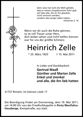 Anzeige von Heinrich Zelle von Mindener Tageblatt