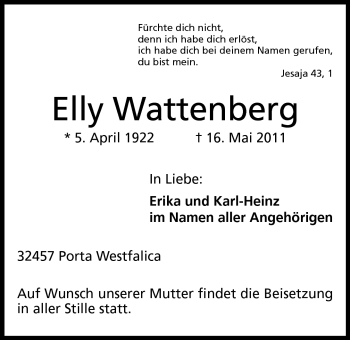 Anzeige von Elly Wattenberg von Mindener Tageblatt