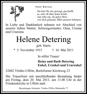Anzeige von Helene Detering von Mindener Tageblatt