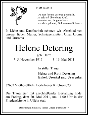Anzeige von Helene Detering von Mindener Tageblatt