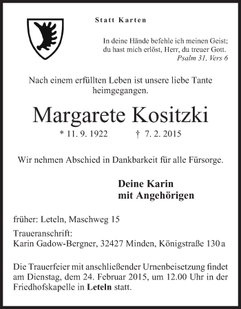 Anzeige von Margarete Kositzki von Mindener Tageblatt