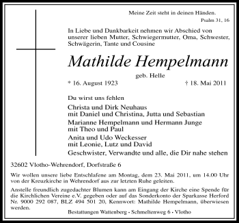 Anzeige von Mathilde Hempelmann von Mindener Tageblatt