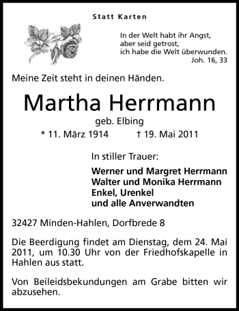 Anzeige von Martha Herrmann von Mindener Tageblatt