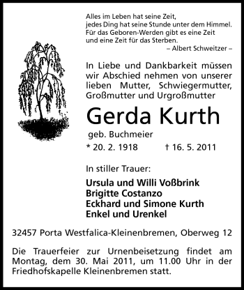 Anzeige von Gerda Kurth von Mindener Tageblatt