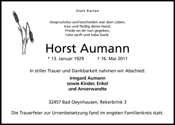 Anzeige von Horst Aumann von Mindener Tageblatt