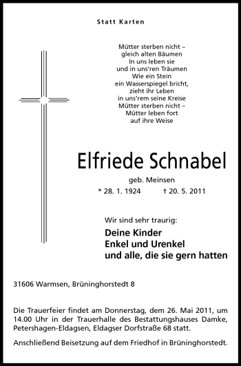 Anzeige von Elfriede Schnabel von Mindener Tageblatt