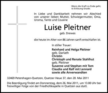 Anzeige von Luise Pleitner von Mindener Tageblatt
