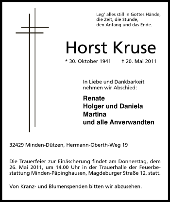 Anzeige von Horst Kruse von Mindener Tageblatt