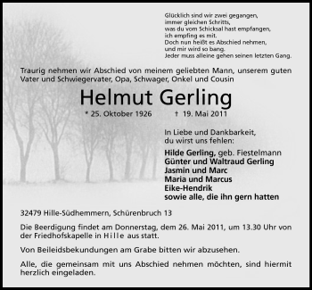Anzeige von Helmut Gerling von Mindener Tageblatt
