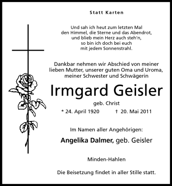 Anzeige von Irmgard Geisler von Mindener Tageblatt