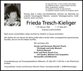 Anzeige von Frieda Tresch-Kieliger von Minden
