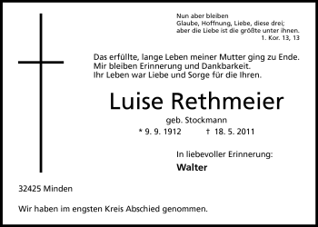 Anzeige von Luise Rethmeier von Minden
