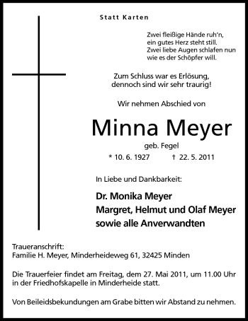 Anzeige von Minna Meyer von Minden