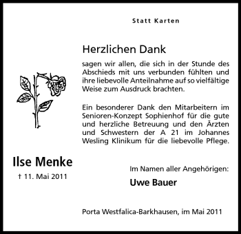 Anzeige von Ilse Menke von Mindener Tageblatt